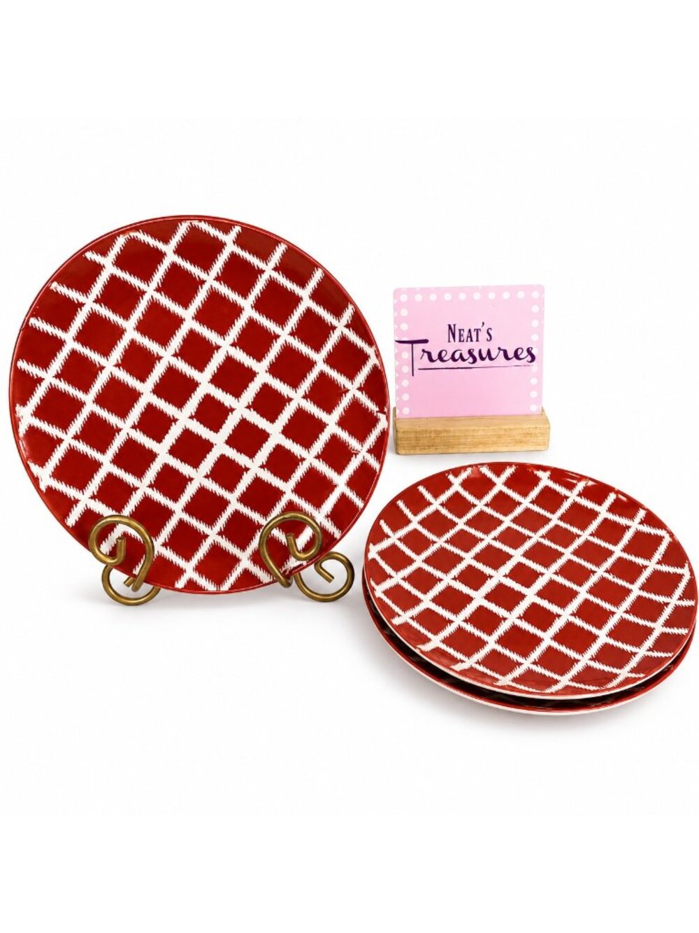 American Atelier PLAID RED & White Crossed Lines Stoneware Salad Plates Set 3